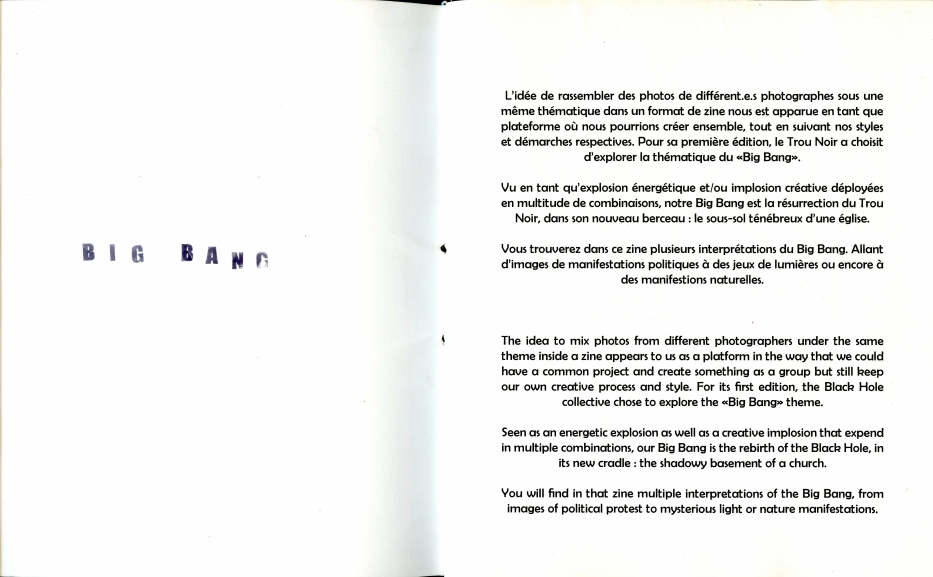 first page of the zine Big Bang, with an introduction text